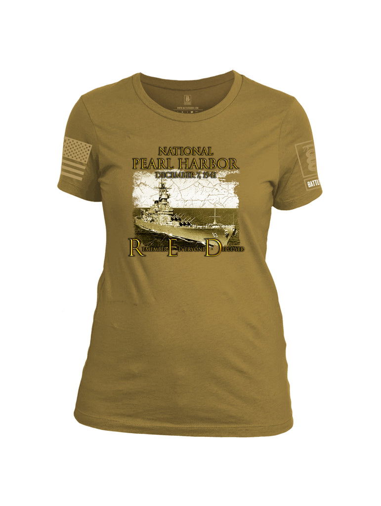 Battleraddle National Pearl Harbor Brass Sleeve Print Womens Cotton Crew Neck T Shirt