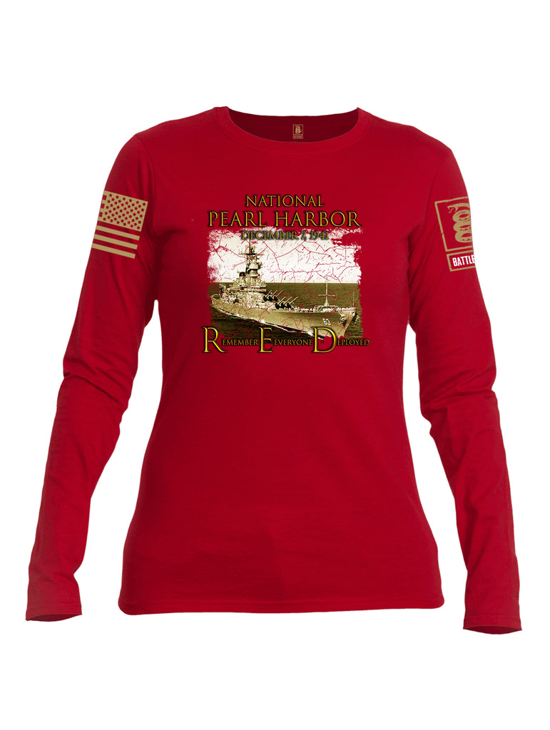 Battleraddle National Pearl Harbor Brass Sleeve Print Womens Cotton Long Sleeve Crew Neck T Shirt