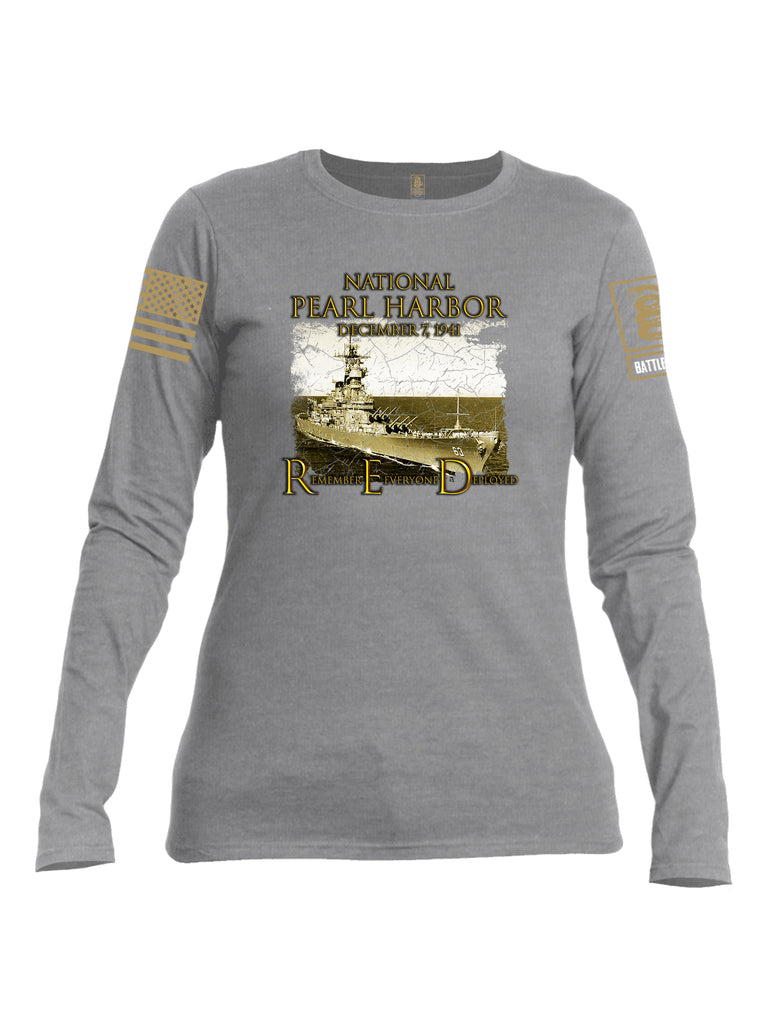 Battleraddle National Pearl Harbor Brass Sleeve Print Womens Cotton Long Sleeve Crew Neck T Shirt