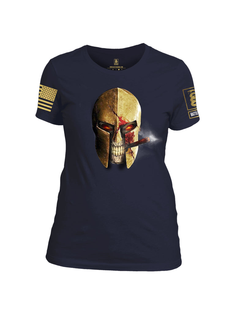 Battleraddle Smoking Spartan Brass Skull Brass Sleeve Print Womens 100% Battlefit Polyester Crew Neck T Shirt