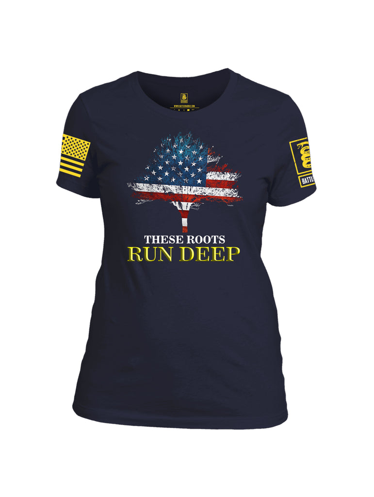 Battleraddle These Roots Run Deep Yellow Sleeve Print Womens 100% Battlefit Polyester Crew Neck T Shirt