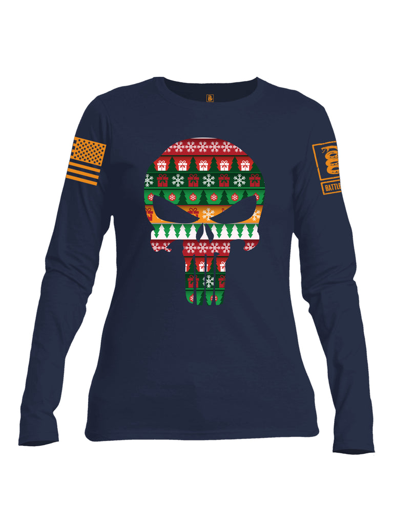 Battleraddle Punisher Skull Christmas Holiday Ugly Orange Sleeve Print Womens Cotton Long Sleeve Crew Neck T Shirt
