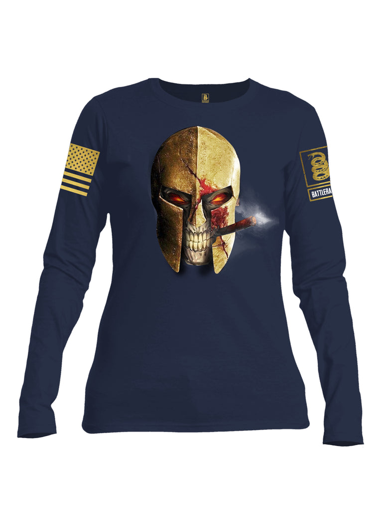 Battleraddle Smoking Spartan Brass Skull Brass Sleeve Print Womens Cotton Long Sleeve Crew Neck T Shirt