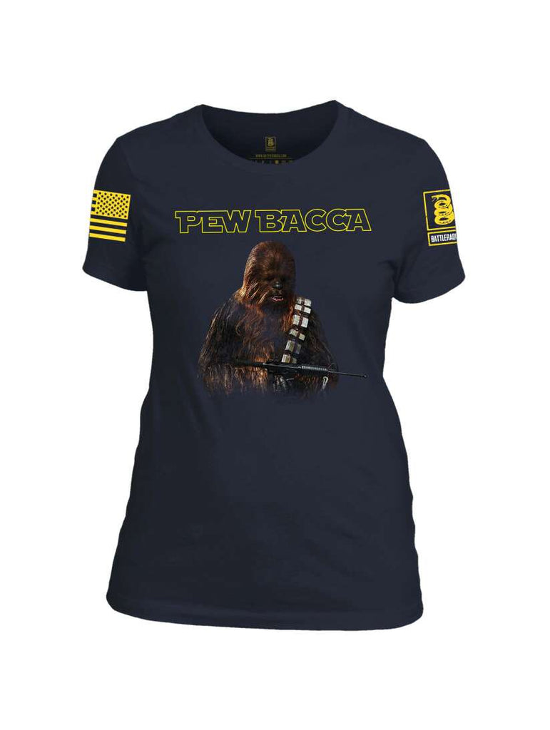 Battleraddle Pew Bacca Yellow Sleeve Print Womens 100% Battlefit Polyester Crew Neck T Shirt