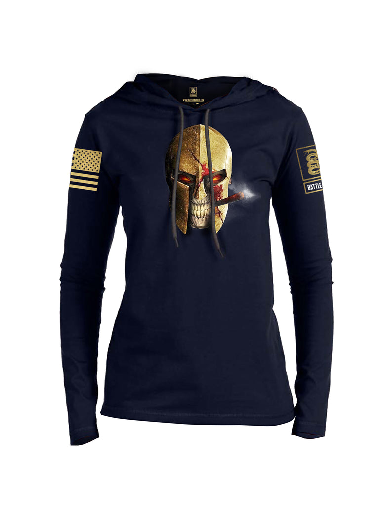 Battleraddle Smoking Spartan Skull Brass Sleeve Print Womens Thin Cotton Lightweight Hoodie