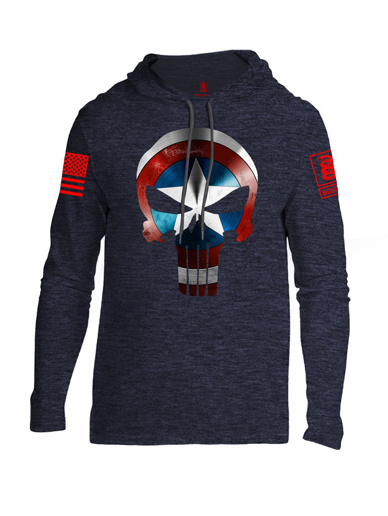 Battleraddle Captain Punisher America Shield Skull V1 Red Sleeve Print Mens Thin Cotton Lightweight Hoodie - Battleraddle® LLC