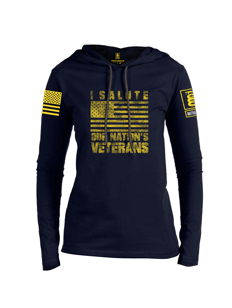 Battleraddle I Salute Our Nation's Veterans Yellow Sleeve Print Womens Thin Cotton Lightweight Hoodie