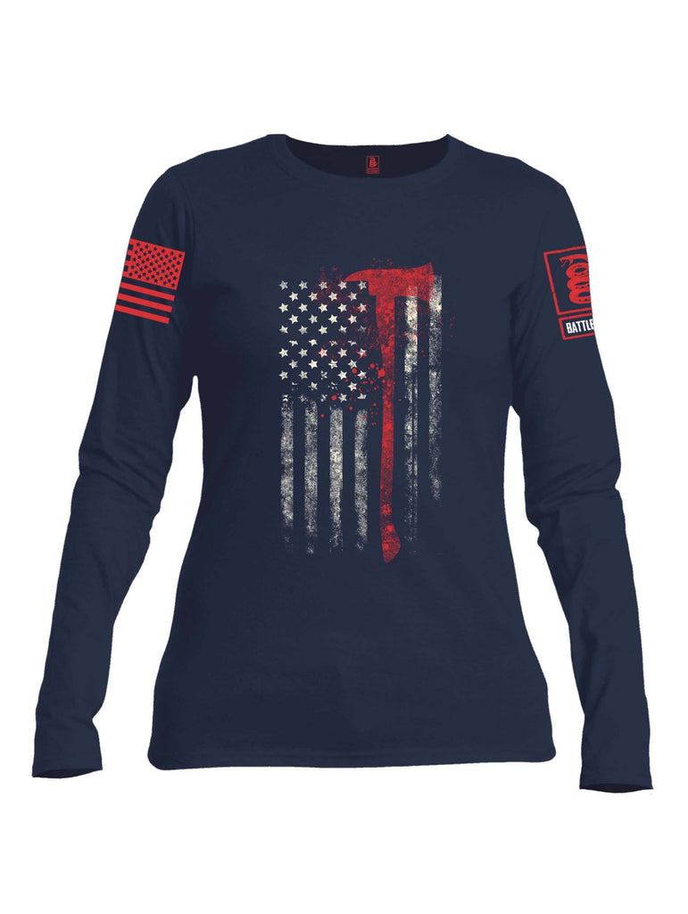 Battleraddle Firefighter Axe USA Flag Red Sleeve Print Womens Cotton Long Sleeve Crew Neck T Shirt shirt|custom|veterans|Women-Long Sleeves Crewneck Shirt