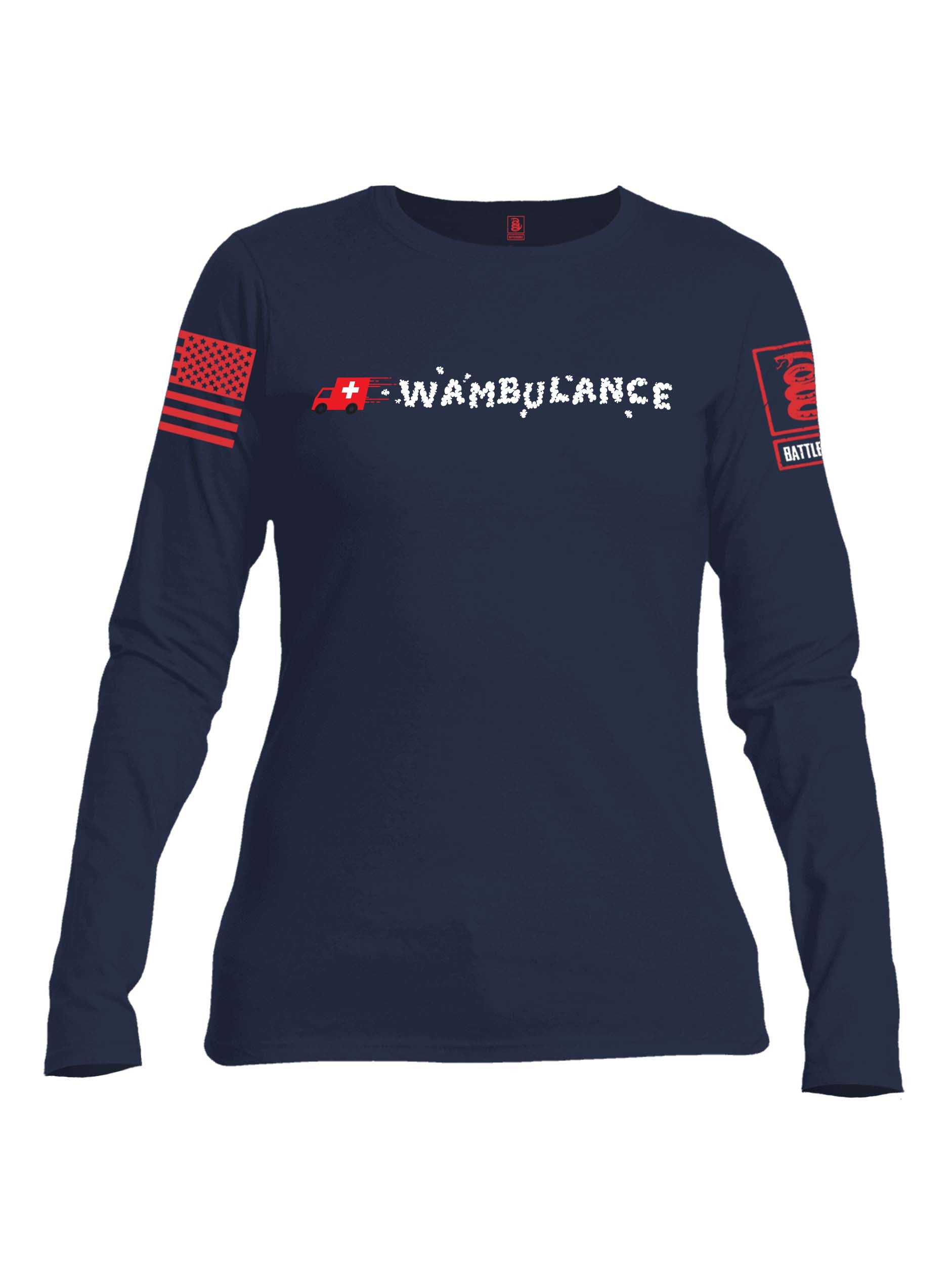 Battleraddle Wambulance Red Sleeve Print Womens Cotton Long Sleeve Crew Neck T Shirt