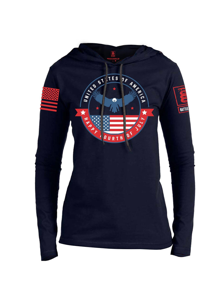 Battleraddle USA Happy Fourth of July Red Sleeve Print Womens Thin Cotton Lightweight Hoodie shirt|custom|veterans|Apparel-Womens Hoodie-Cotton