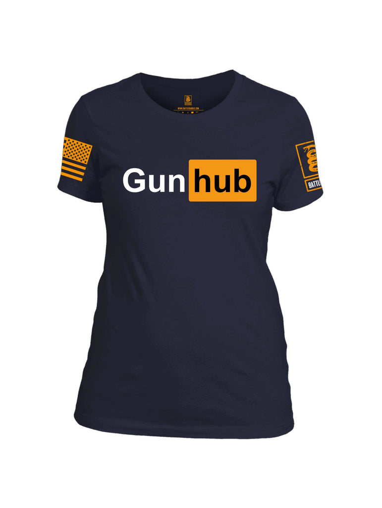Battleraddle Gun Hub Orange Sleeve Print Womens Cotton Crew Neck T Shirt