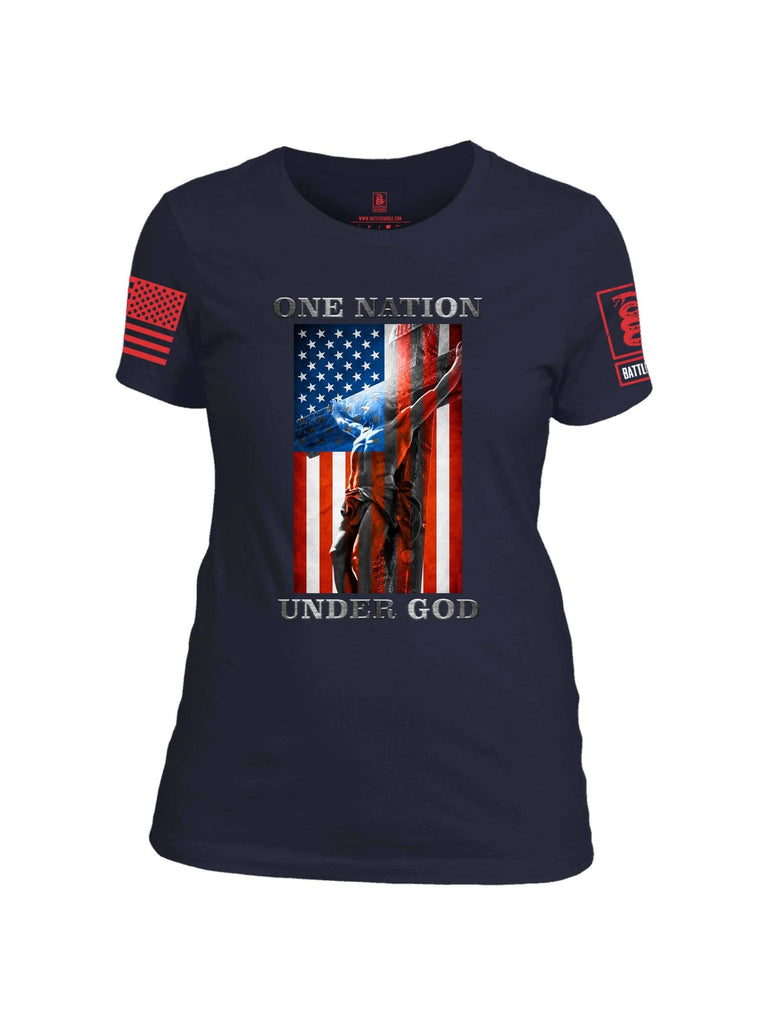 Battleraddle One Nation Under God Red Sleeve Print Womens Cotton Crew Neck T Shirt shirt|custom|veterans|Apparel-Womens T Shirt-cotton