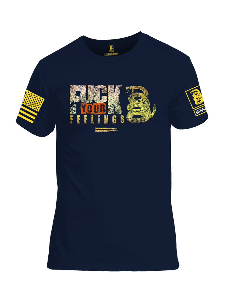 Battleraddle Fuck Your Feelings Yellow Sleeve Print Mens Cotton Crew Neck T Shirt