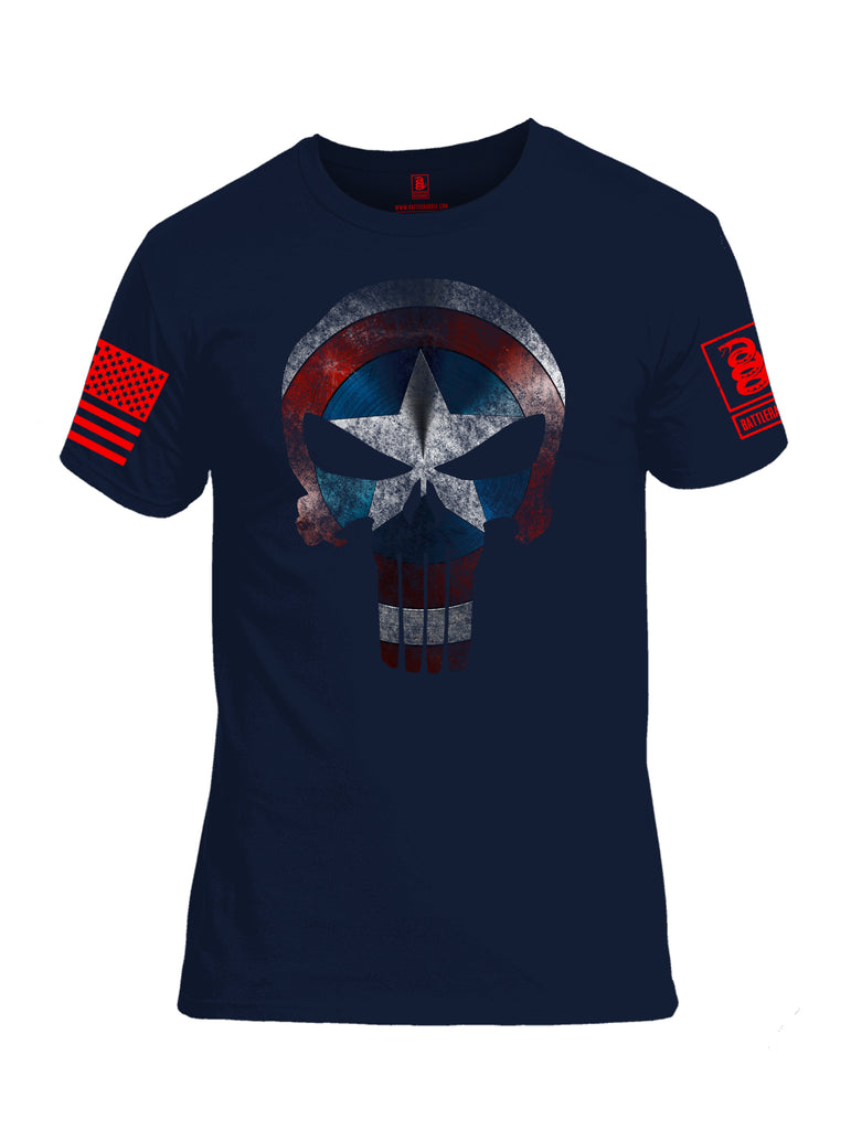 Battleraddle Captain Punisher America Shield Skull V2 Red Sleeve Print Mens Cotton Crew Neck T Shirt - Battleraddle® LLC