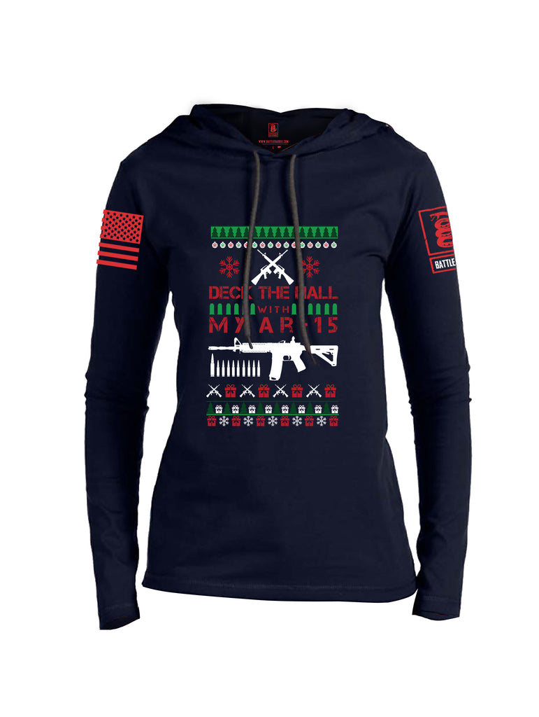 Battleraddle Deck The Hall With My AR15 Christmas Holiday Ugly Red Sleeve Print Womens Thin Cotton Lightweight Hoodie