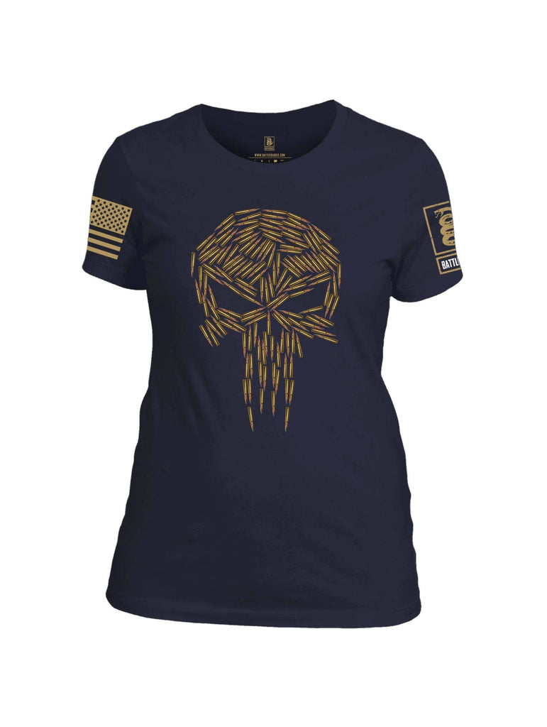 Battleraddle Mr. Expounder Brass Skull Bullets Brass Sleeve Print Womens 100% Battlefit Polyester Crew Neck T Shirt shirt|custom|veterans|Apparel-Womens Shirts-Polyester