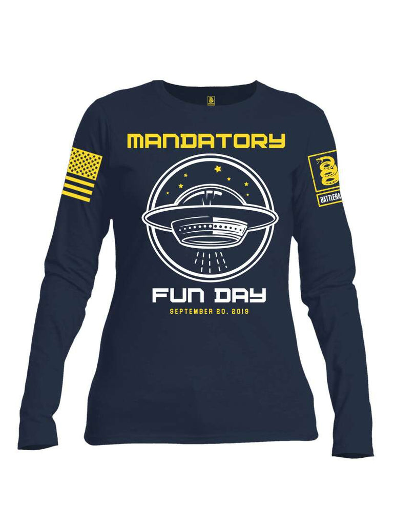 Battleraddle Mandatory Fun Day Yellow Sleeve Print Print Womens Cotton Long Sleeve Crew Neck T Shirt