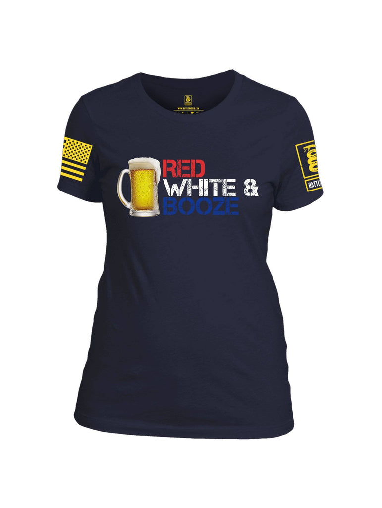 Battleraddle Red White & Booze Yellow Sleeve Print Womens Cotton Crew Neck T Shirt shirt|custom|veterans|Apparel-Womens T Shirt-cotton