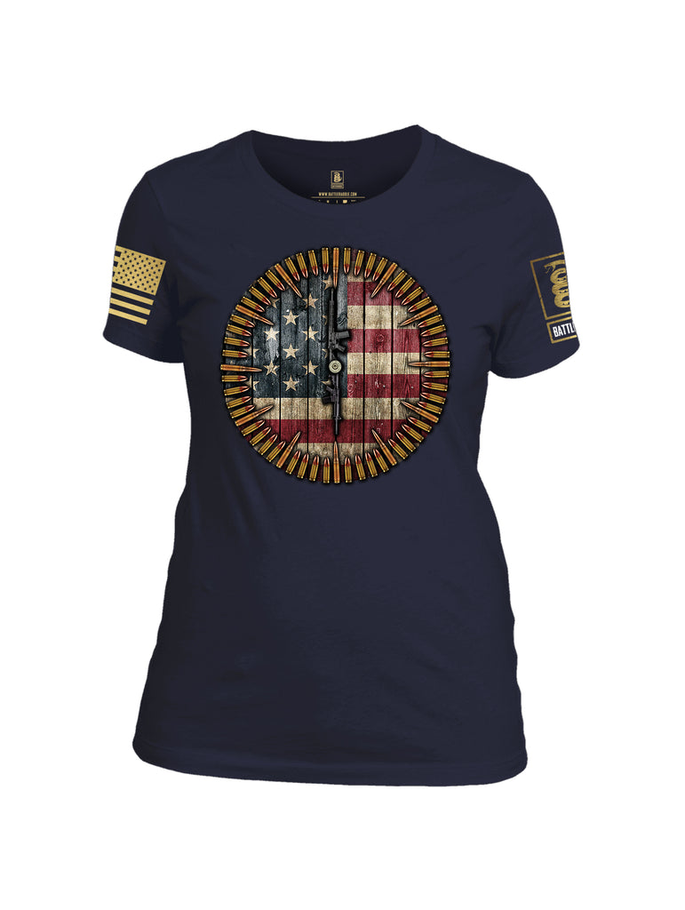 Battleraddle 6 O'clock American Flag Brass Sleeve Print Womens Cotton Crew Neck T Shirt