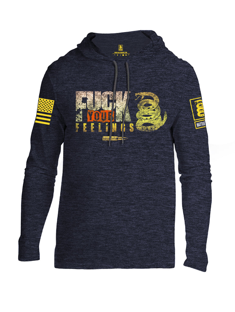 Battleraddle Fuck Your Feelings Yellow Sleeve Print Mens Thin Cotton Lightweight Hoodie