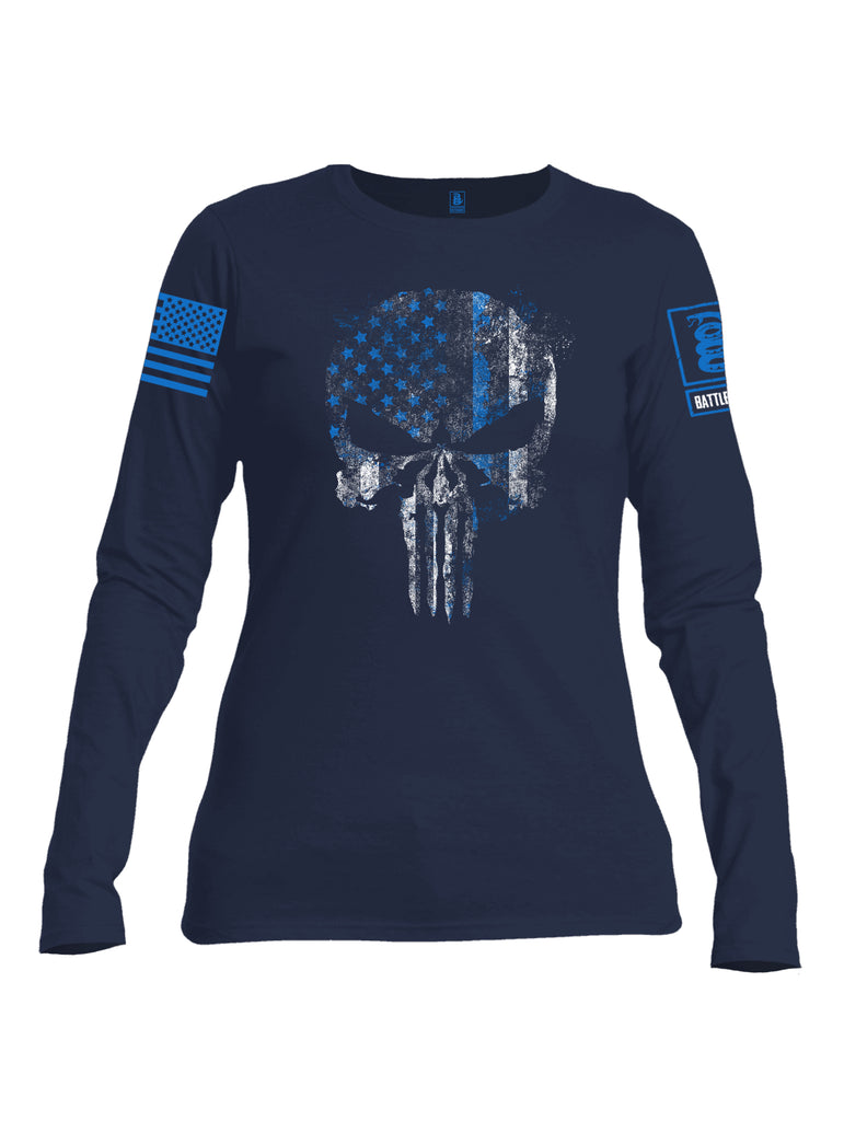Battleraddle Expounder Thin Blue Line Blue Sleeve Print Womens Cotton Long Sleeve Crew Neck T Shirt