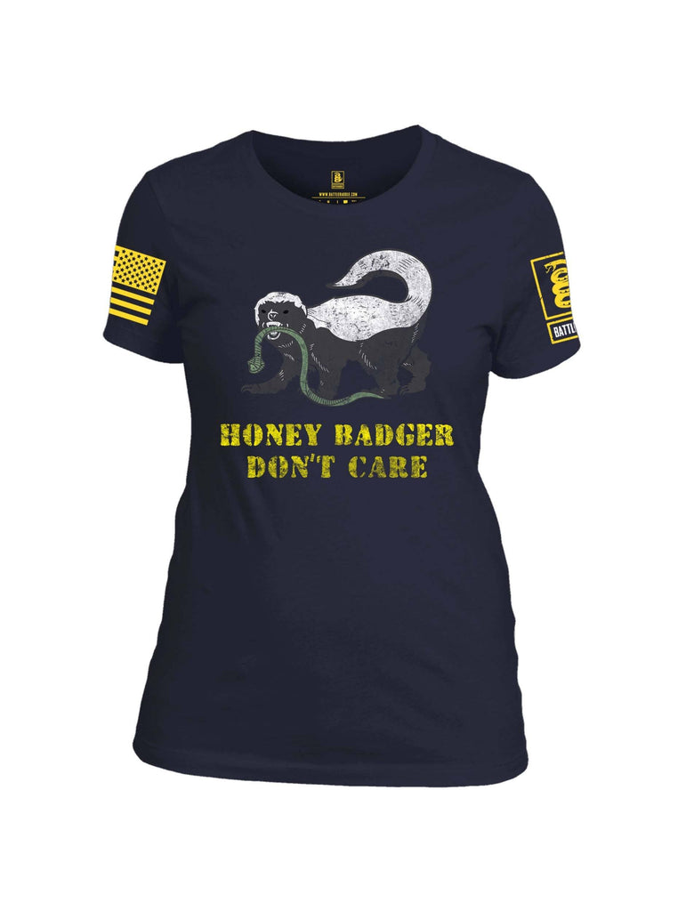 Battleraddle Honey Badger Dont Care Yellow Sleeve Print Womens Cotton Crew Neck T Shirt shirt|custom|veterans|Apparel-Womens T Shirt-cotton