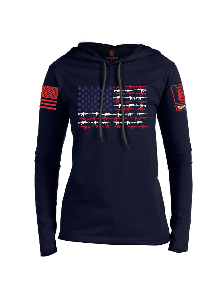 Battleraddle Rifle Gun Flag Red Sleeve Print Womens Thin Cotton Lightweight Hoodie