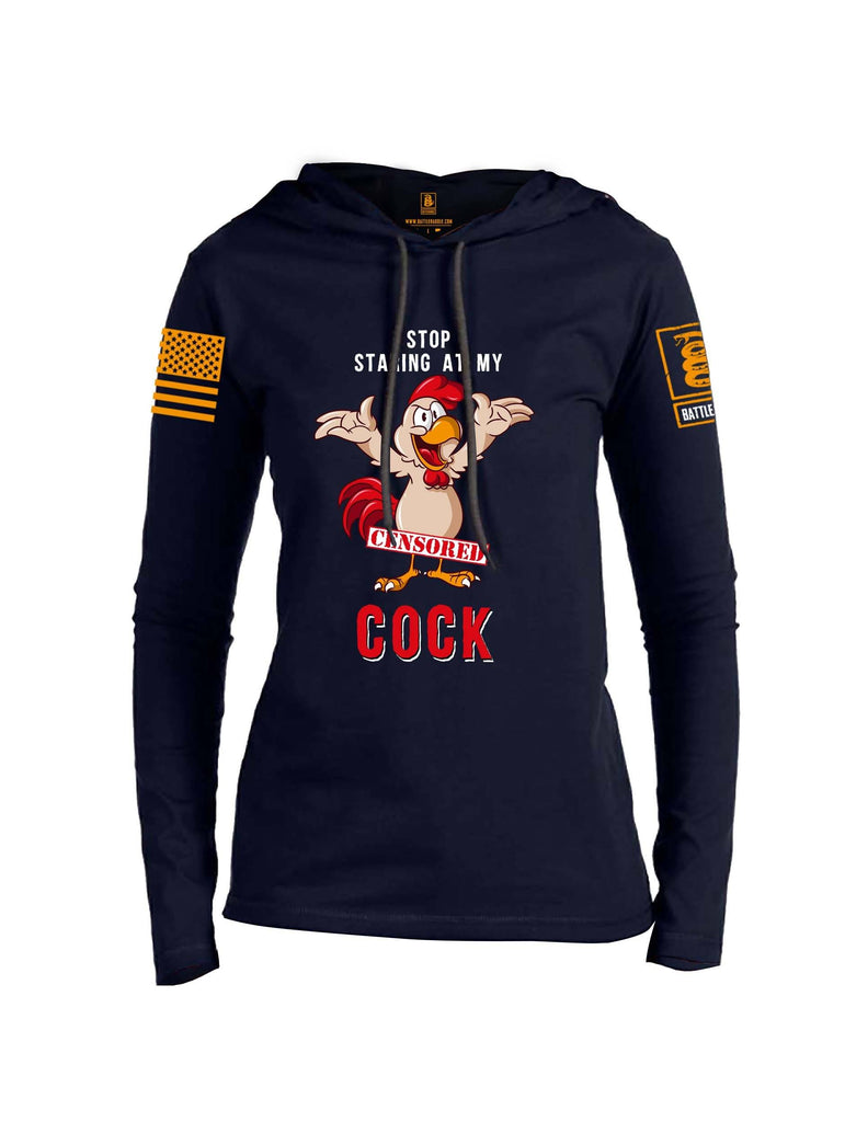 Battleraddle Stop Staring At My Censored Cock Orange Sleeve Print Womens Thin Cotton Lightweight Hoodie shirt|custom|veterans|Apparel-Womens Hoodie-Cotton