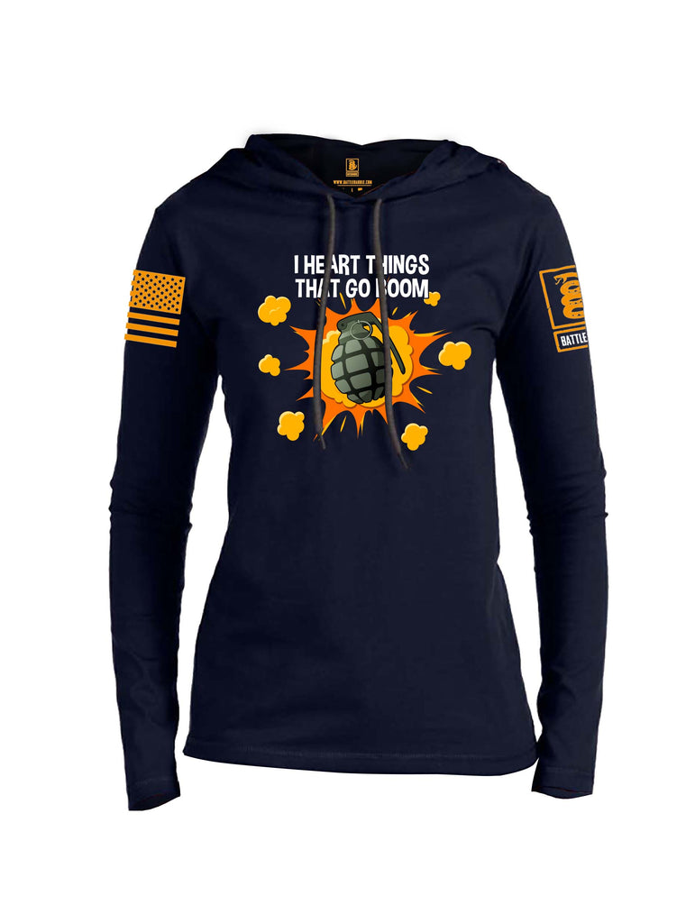 Battleraddle I Heart things That Go Boom Orange Sleeve Print Womens Thin Cotton Lightweight Hoodie