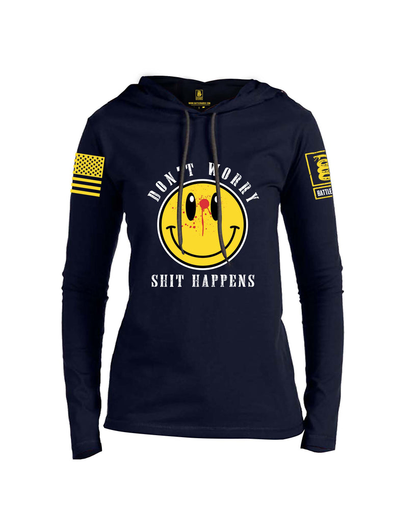 Battleraddle Dont Worry Shit Happens Yellow Sleeve Print Womens Thin Cotton Lightweight Hoodie