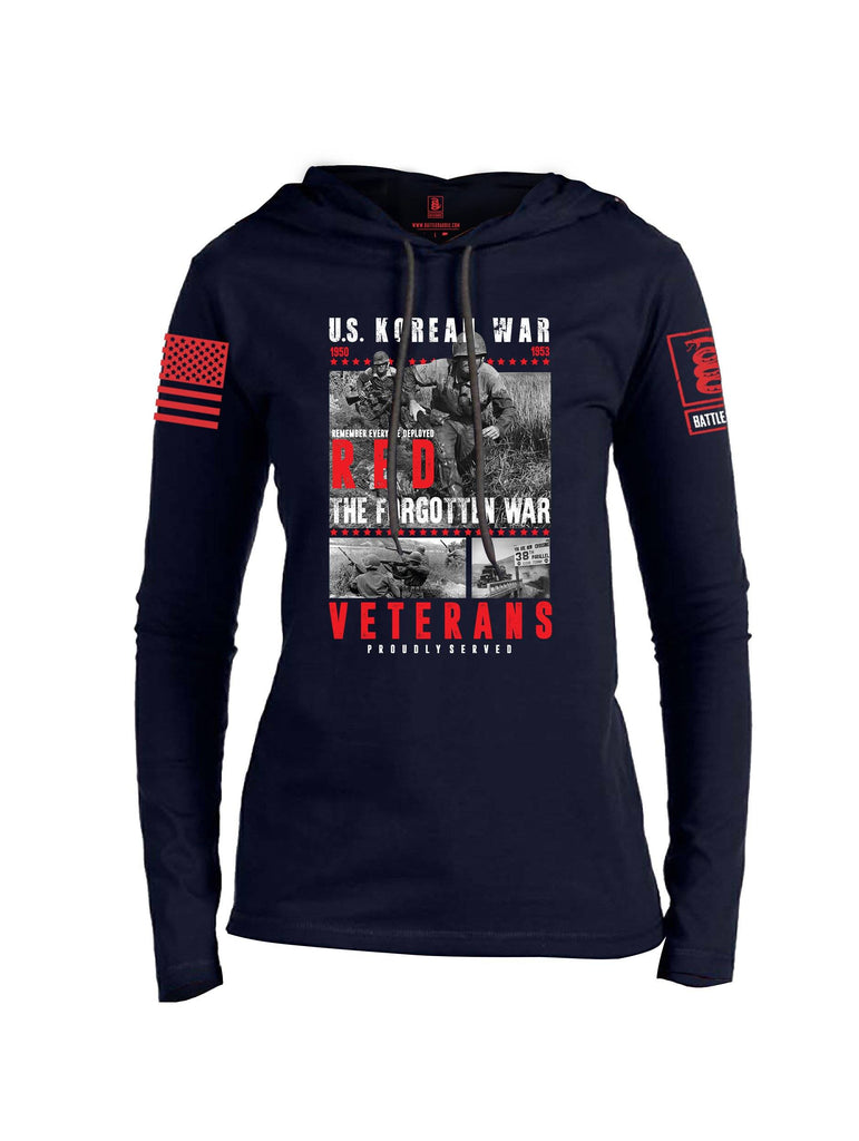 Battleraddle US Korean War RED Remember Everyone Deployed The Forgotten War Veterans Proudly Served Red Sleeve Print Womens Thin Cotton Lightweight Hoodie shirt|custom|veterans|Apparel-Womens Hoodie-Cotton