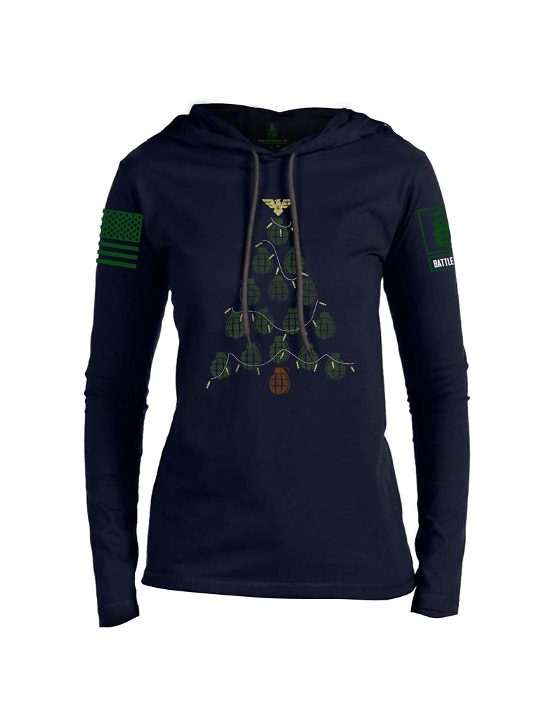 Battleraddle Christmas Greenery Grenade Tree Bomb Green Sleeve Print Womens Thin Cotton Lightweight Hoodie