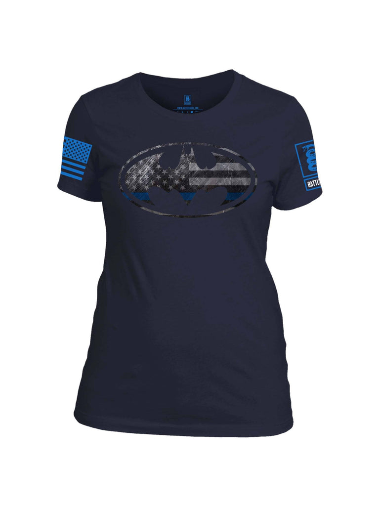 Battleraddle Bat Police Hero Blue Line USA Flag Blue Sleeve Print Womens Cotton Crew Neck T Shirt shirt|custom|veterans|Apparel-Womens T Shirt-cotton