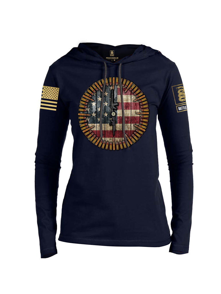 Battleraddle 6 O'clock American Flag Brass Sleeve Print Womens Thin Cotton Lightweight Hoodie