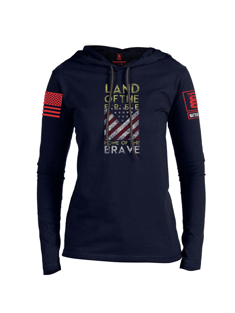 Battleraddle Land Of The Free Home Of The Brave Red Sleeve Print Womens Thin Cotton Lightweight Hoodie