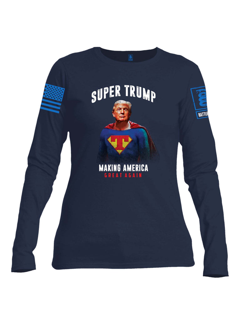 Battleraddle Super Trump Making America Great Again Blue Sleeve Print Womens Cotton Long Sleeve Crew Neck T Shirt