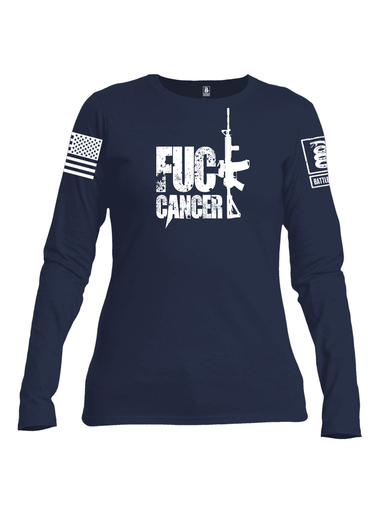 Battleraddle Fuck Cancer White Sleeve Print Womens Cotton Long Sleeve Crew Neck T Shirt