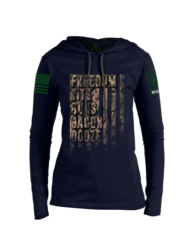 Battleraddle Freedom Tits Guns Bacon Booze Green Sleeve Print Womens Thin Cotton Lightweight Hoodie