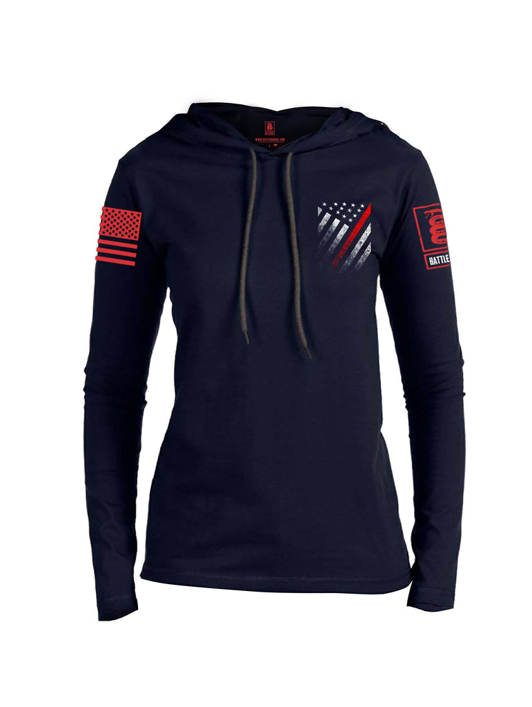 Battleraddle USA Red Thin Line Series Flag Red Sleeve Print Womens Thin Cotton Lightweight Hoodie shirt|custom|veterans|Apparel-Womens Hoodie-Cotton