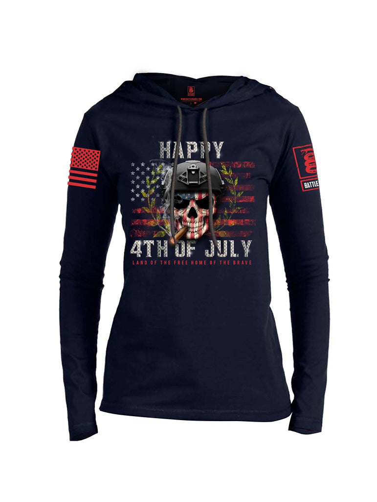 Battleraddle Happy 4th of July Land Of The Free Home Of The Brave Red Sleeve Print Womens Thin Cotton Lightweight Hoodie shirt|custom|veterans|Apparel-Womens Hoodie-Cotton