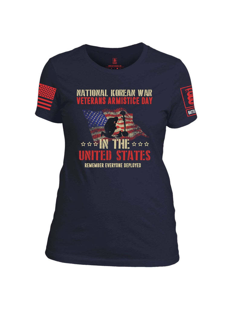 Battleraddle National Korean War Veterans Armistice Day In The United States Remember Everyone Deployed Red Sleeve Print Womens Cotton Crew Neck T Shirt shirt|custom|veterans|Apparel-Womens T Shirt-cotton