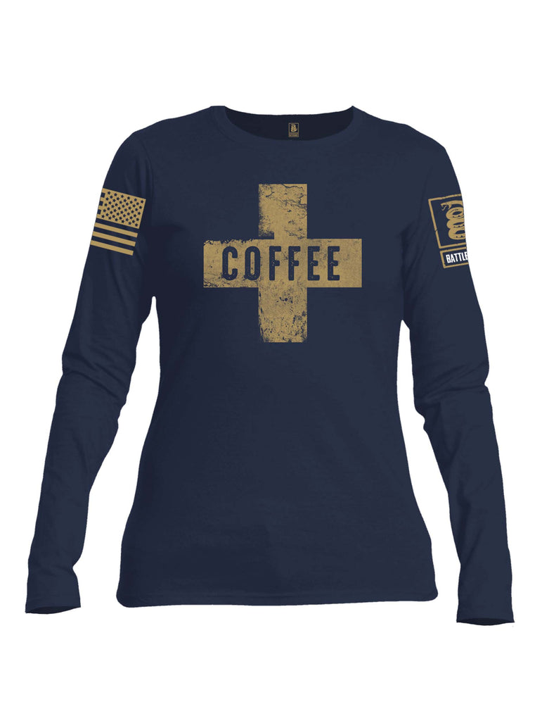 Battleraddle Coffee Cross Brass Sleeve Print Womens Cotton Long Sleeve Crew Neck T Shirt