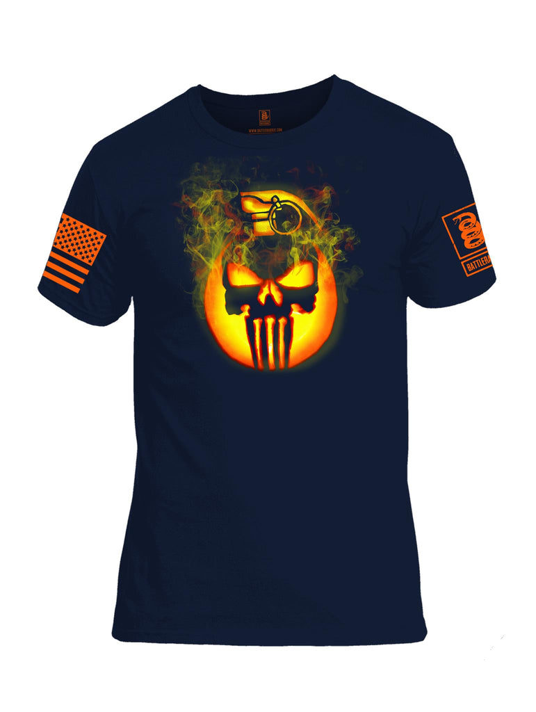 Battleraddle Expounder Skull Pumpkin Orange Sleeve Print Mens Cotton Crew Neck T Shirt