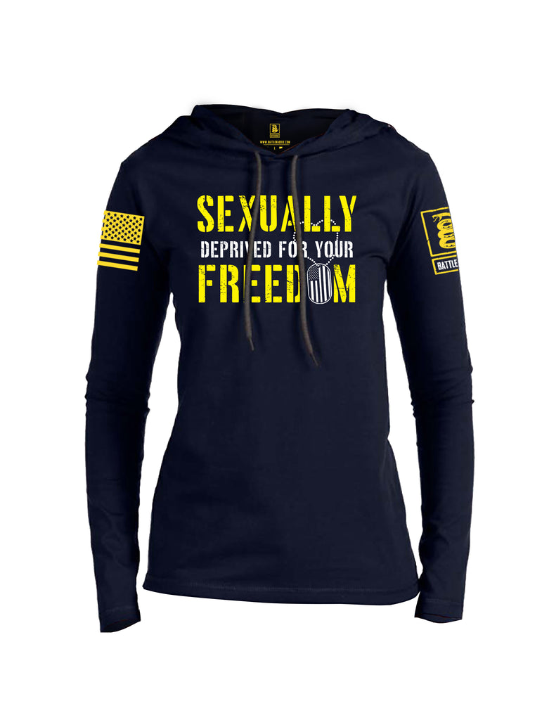 Battleraddle Sexually Deprived For Your Freedom Yellow Sleeve Print Womens Thin Cotton Lightweight Hoodie