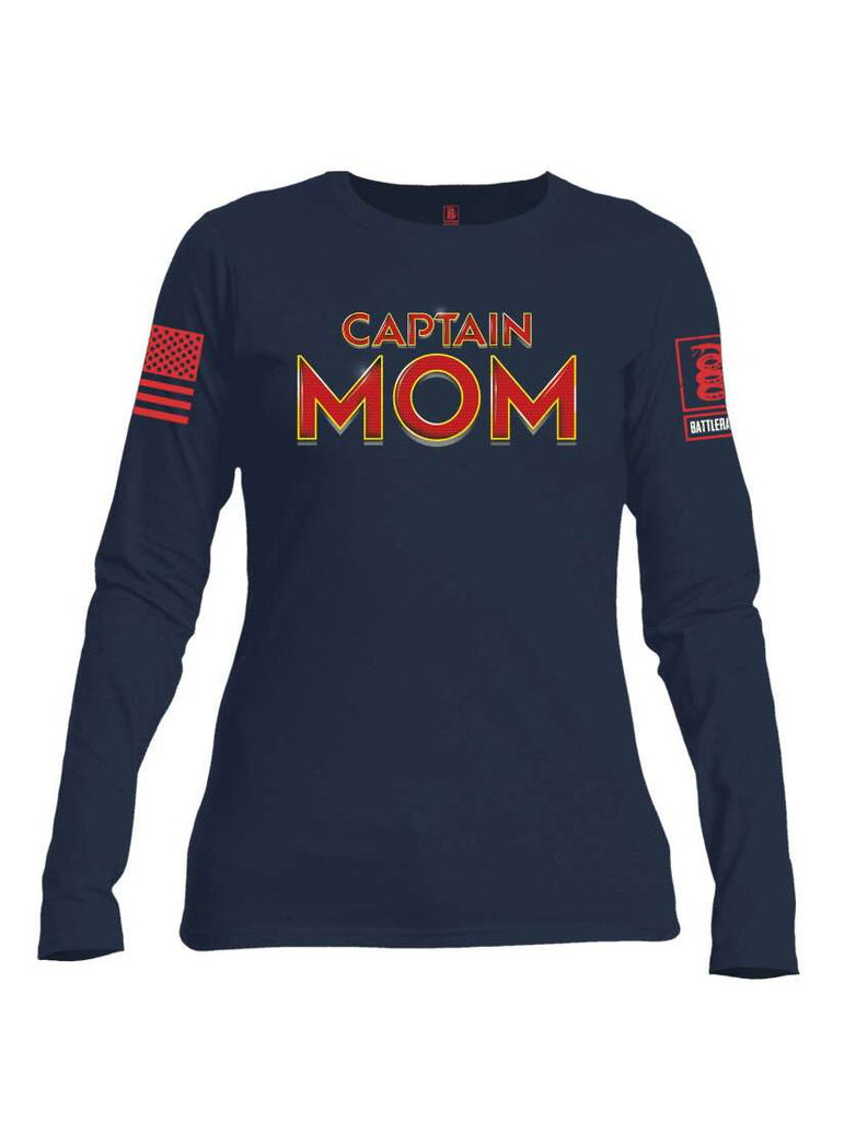 Battleraddle Captain Mom Red Sleeve Print Womens Cotton Long Sleeve Crew Neck T Shirt