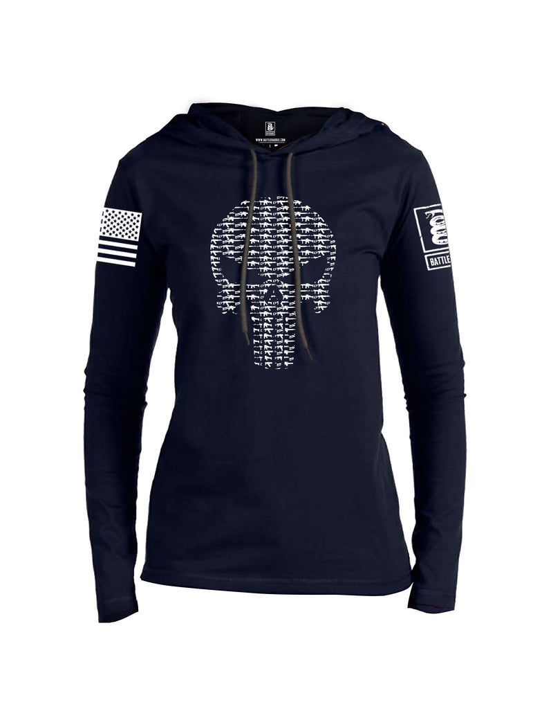 Battleraddle Expounder Skull And Guns White Sleeve Print Womens Thin Cotton Lightweight Hoodie