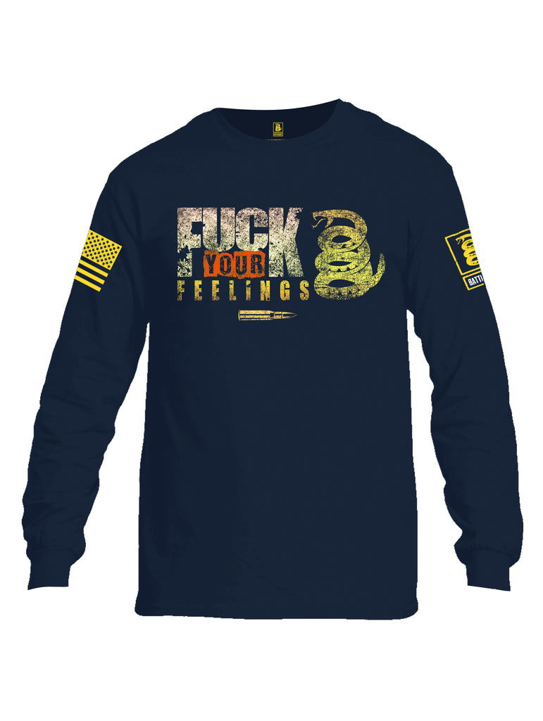 Battleraddle Fuck Your Feelings Yellow Sleeve Print Mens Cotton Long Sleeve Crew Neck T Shirt