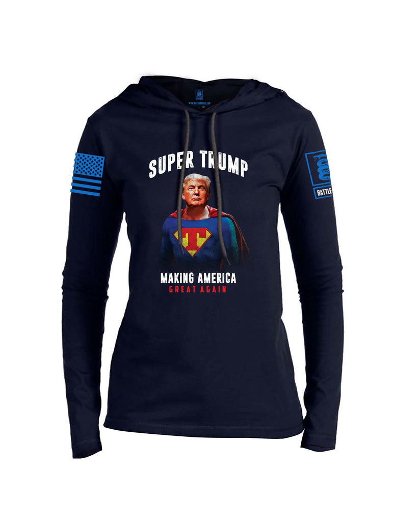 Battleraddle Super Trump Making America Great Again Blue Sleeve Print Womens Thin Cotton Lightweight Hoodie