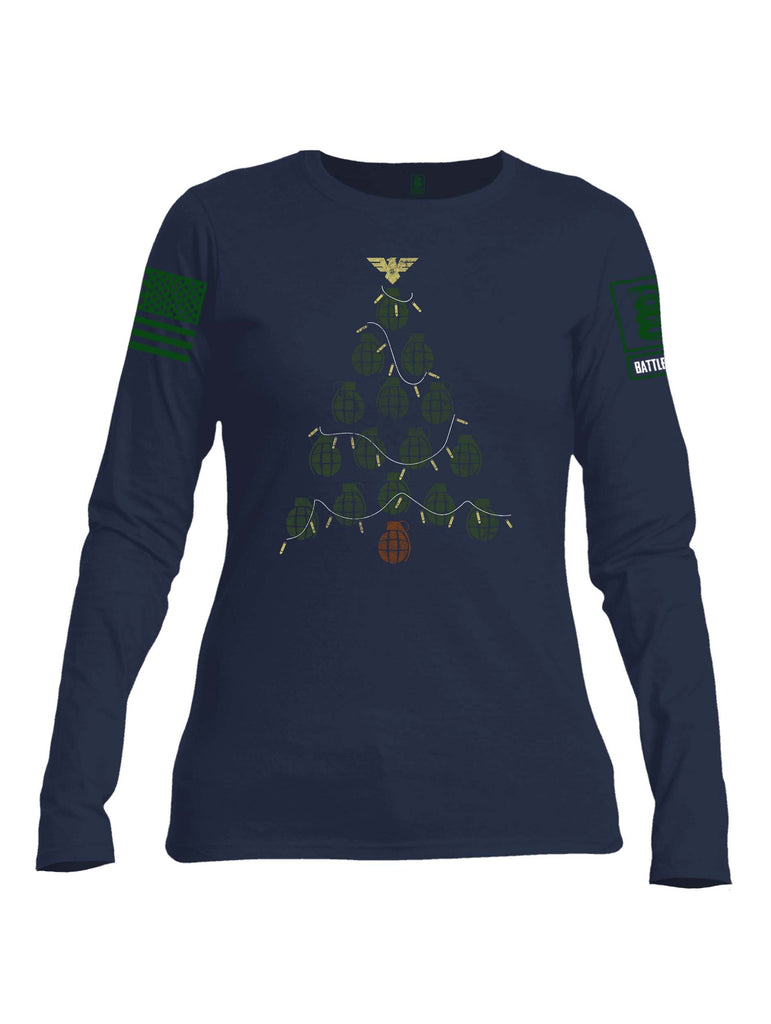 Battleraddle Christmas Greenery Grenade Tree Bomb Green Sleeve Print Womens Cotton Long Sleeve Crew Neck T Shirt