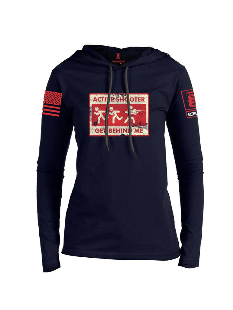 Battleraddle Active Shooter Get Behind Me Red Sleeve Print Womens Thin Cotton Lightweight Hoodie shirt|custom|veterans|Apparel-Womens Hoodie-Cotton